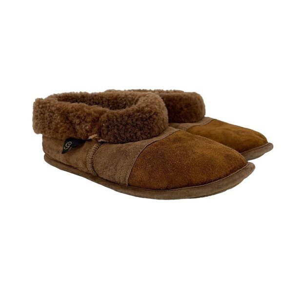 GRAVEL FOURRURES Made in Canada Brown Suede Slippers With Sheepskin Lining 7 - Picture 2 of 13